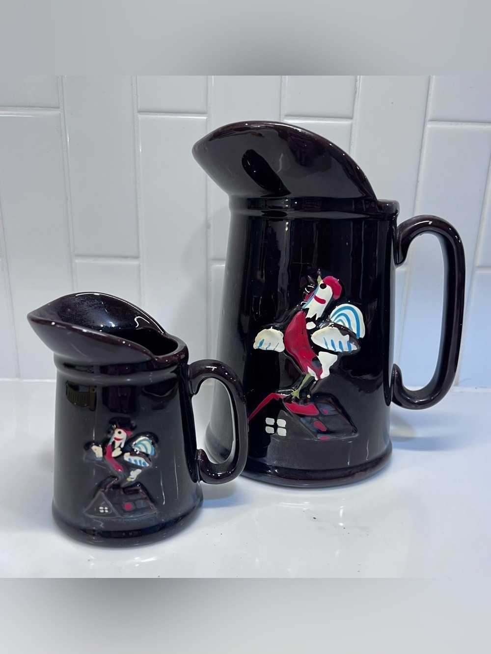 Vintage Brown Glaze Pitcher Set Rooster On A Roof Set Farmhouse Decor